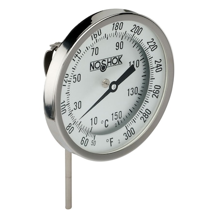 3 Bimetal Thermometer, 1/2 NPT Back Conn, 9 Stem Length, 0/140 F/C, .250 Diameter